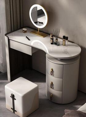 奶纳石油风轻奢极简约马鞍皮妆台奢56043岩板实木收一体小户型化