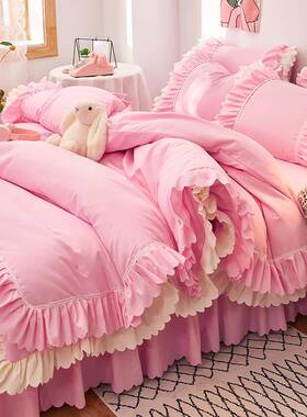 韩版毛亲三床肤磨双层荷叶边四件LLA50657套床裙纯色蕾丝边公主单