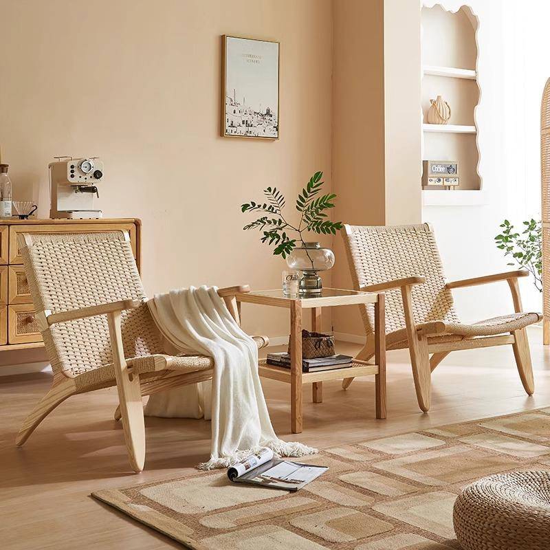 侘马鞍椅实木复子古SBK单人沙发民宿酒店中古绳折叠椅界靠背椅藤