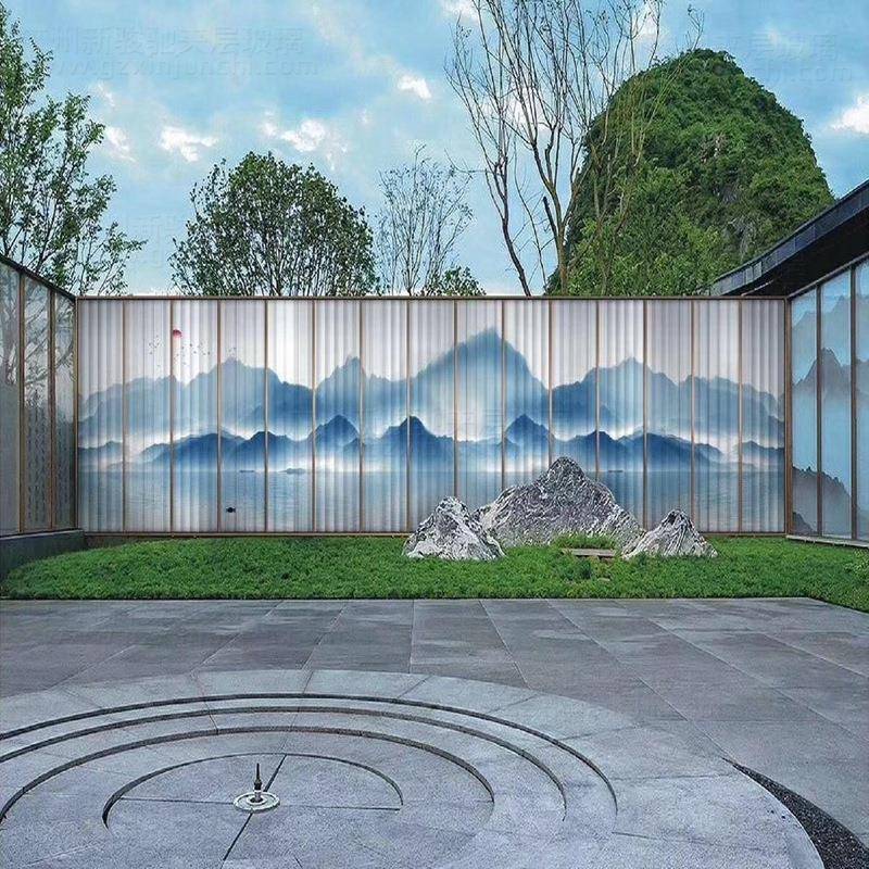 山水画玻艺术玻璃璃夹丝璃EXX玻璃隔断装饰玻玻璃屏风办公装饰室