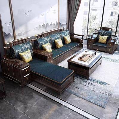 新物中式乌金木全实沙木发合客厅高端大气冬夏组两用储全XAD套家