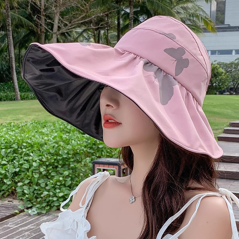 新渔夫帽女夏季帽子时尚百搭空顶防晒印花大檐防紫外线遮阳帽圆顶