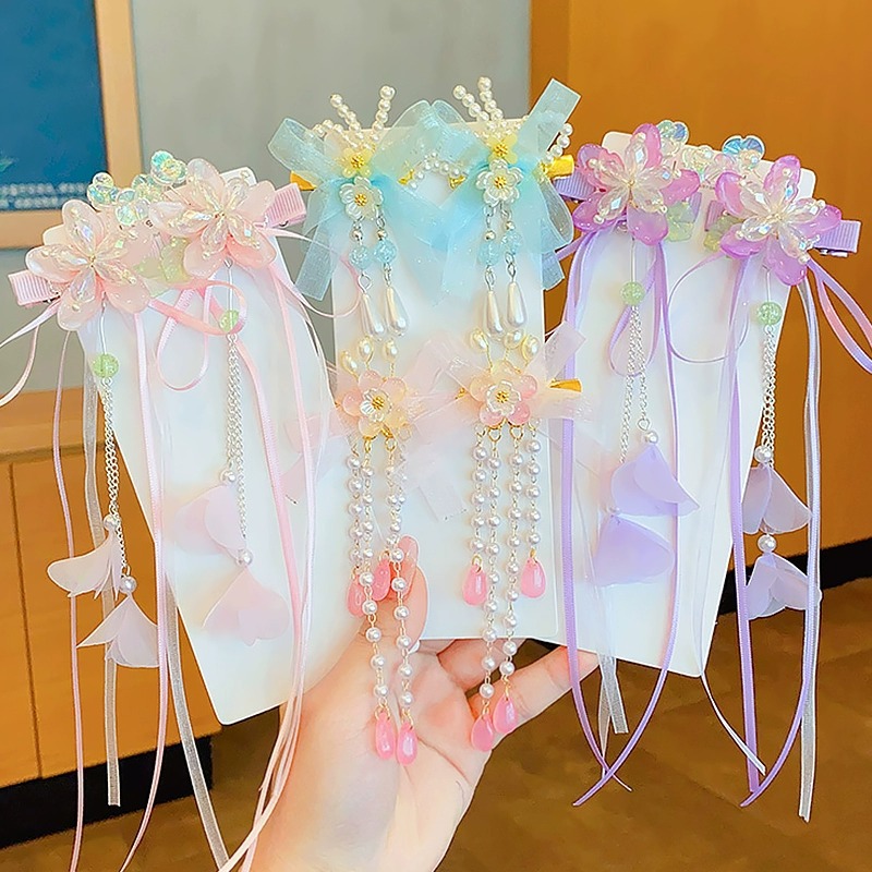 汉服发饰女儿童古风结花朵发夹女童古风步摇流苏公主古装头饰