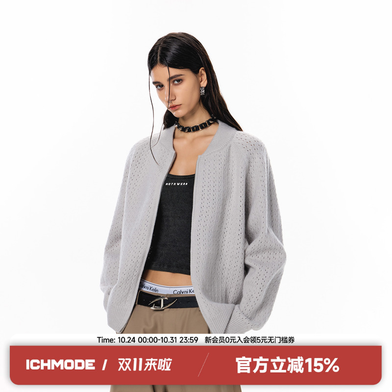 ICH MODE秋季新款镂空设计感甜酷复古街头毛衣外套女美式针织开衫