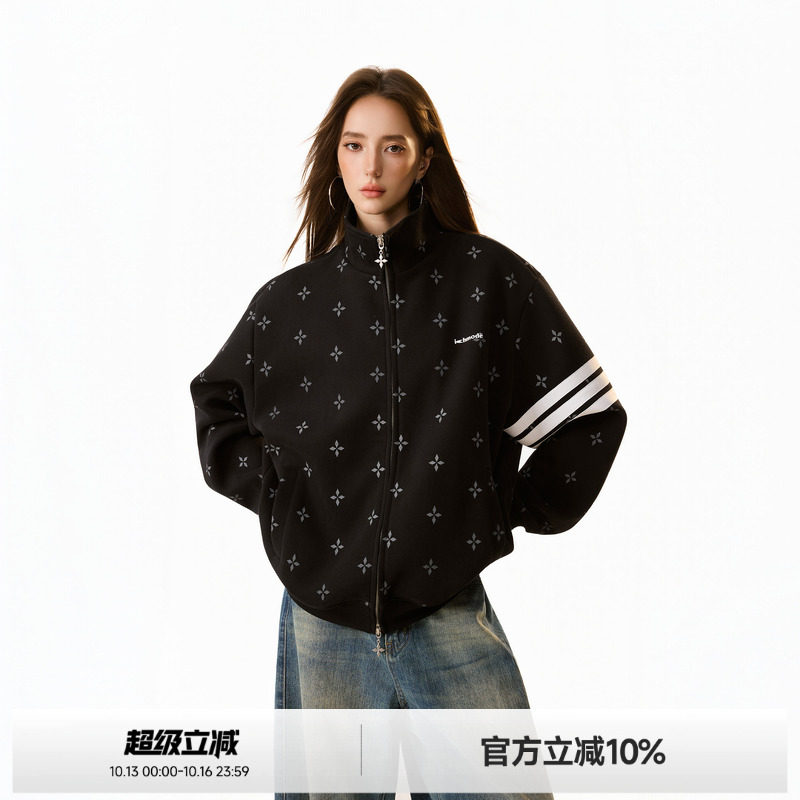 ICHMODE 美式三条杠满印十字立领外套女秋季2026新款开衫卫衣上衣