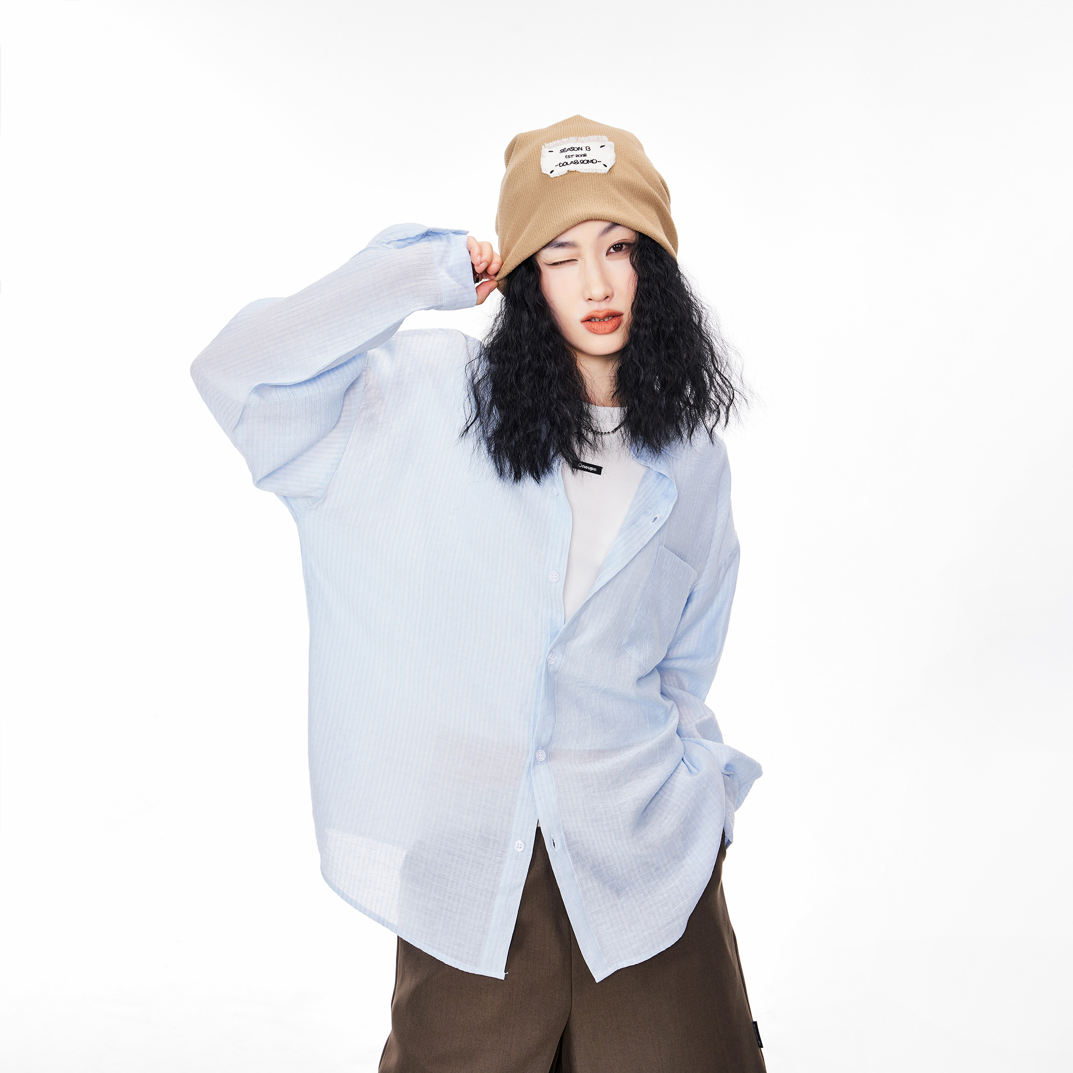 ICH MODE轻薄夏季长袖百搭衬衫女oversize休闲慵懒风美式复古上衣