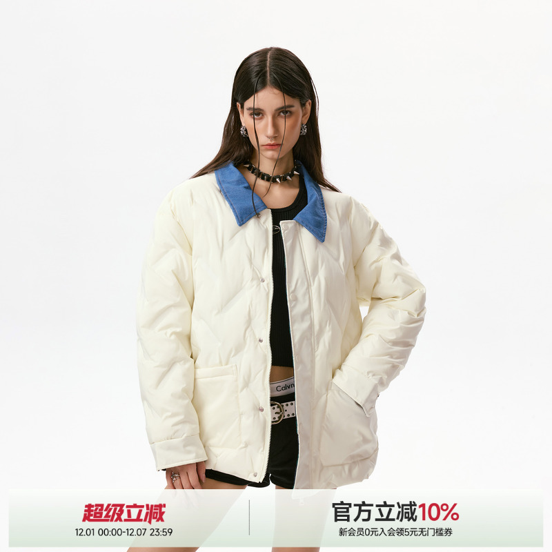 ICH MODE撞色翻领设计感菱形格外套女2025冬季百搭棉服棉衣上衣