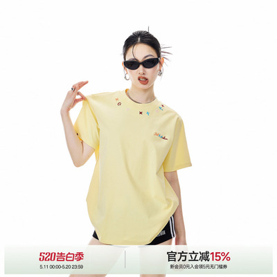 ICH MODE彩绣小众高级黄色短袖2026新款柠檬海盐穿搭美式复古上衣