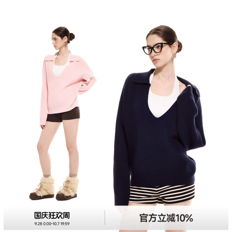 美式大V领毛衣女两件套上衣图片