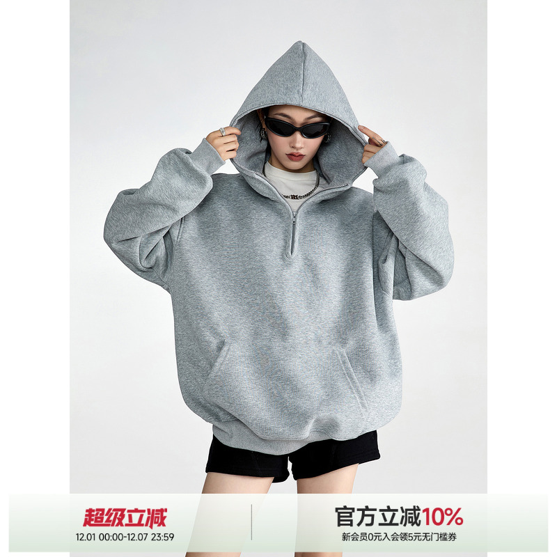 ICH MODE半拉链高街美式复古重磅连帽卫衣帽衫春季宽松休闲外套女
