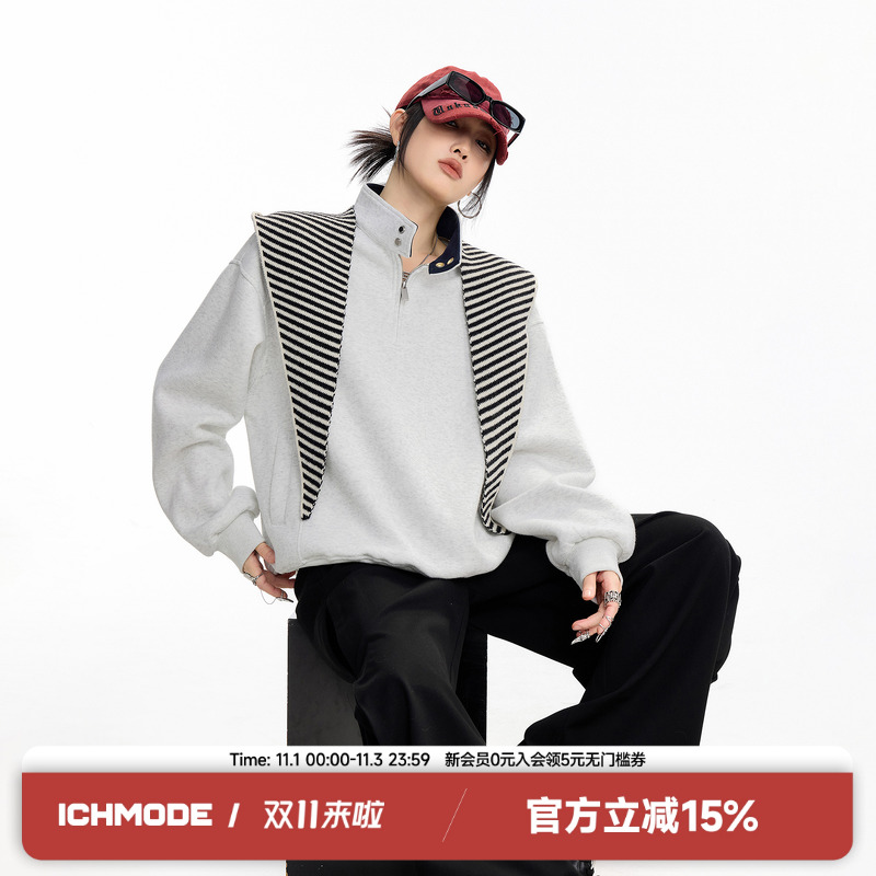 ICH MODE美式polo领复古长袖上衣秋季新款高街百搭半拉链套头卫衣