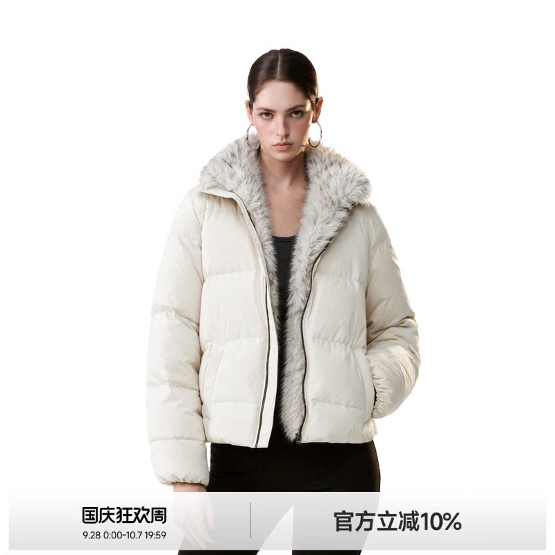 美式座山雕环保皮草拼毛棉服女图片