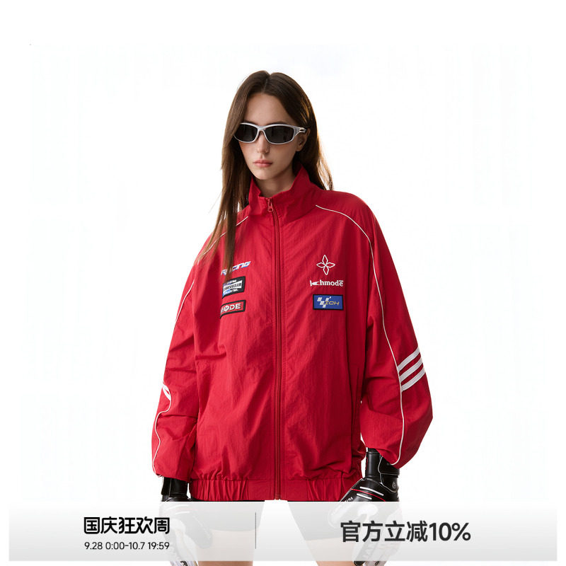 美式三条杠赛车立领外套女图片