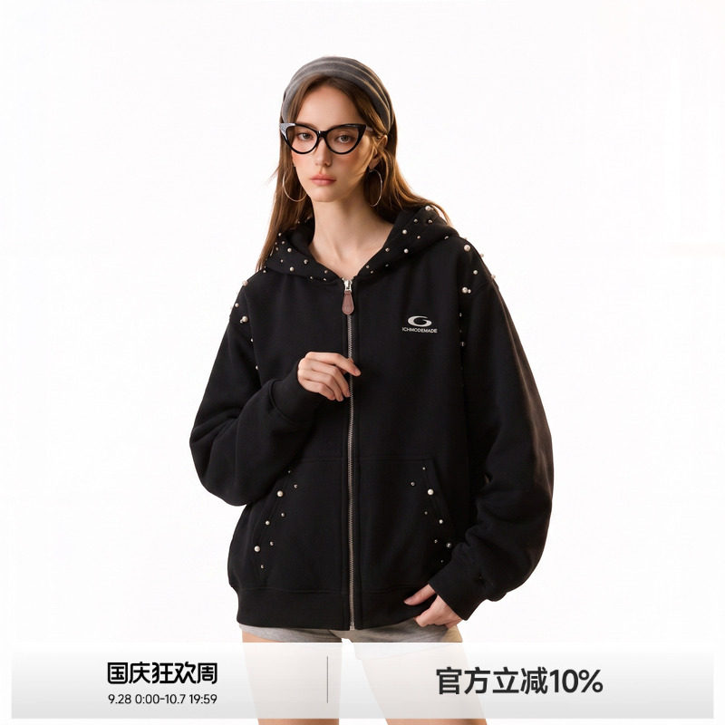 质感钉珠美式连帽开衫外套女图片
