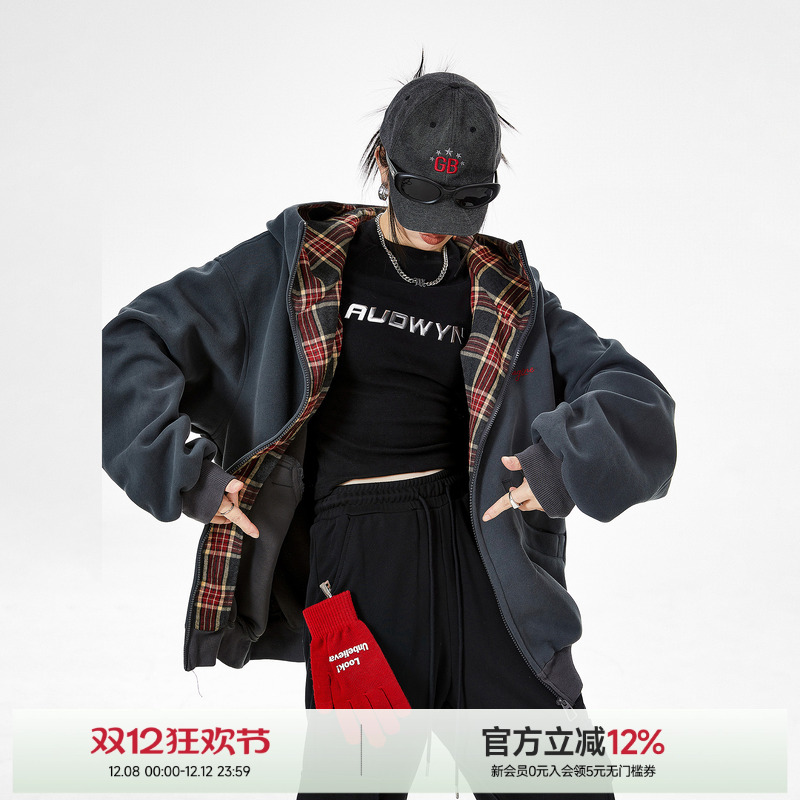 ICH MODE【明星同款】格纹拼接设计感美式复古卫衣慵懒风质感外套