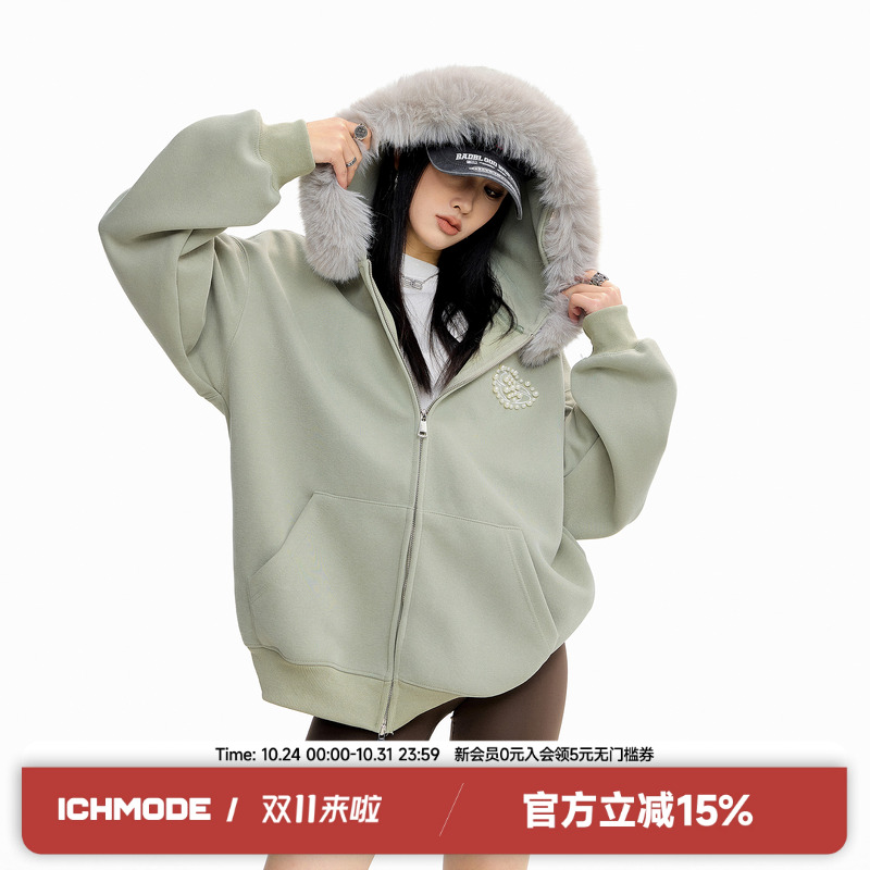 ICH MODE 美式复古珍珠毛领连帽外套女2025新款秋冬上衣开衫卫衣