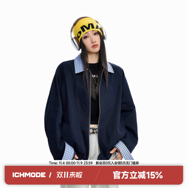 ICH MODE格子翻领拼接美式休闲百搭夹克上衣复古高街潮流工装外套