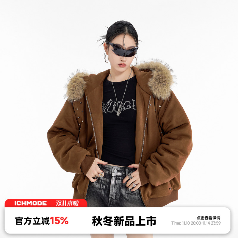 ICH MODE毛领麂皮绒钉珠高街棉服冬季美式复古甜酷设计感棉衣外套