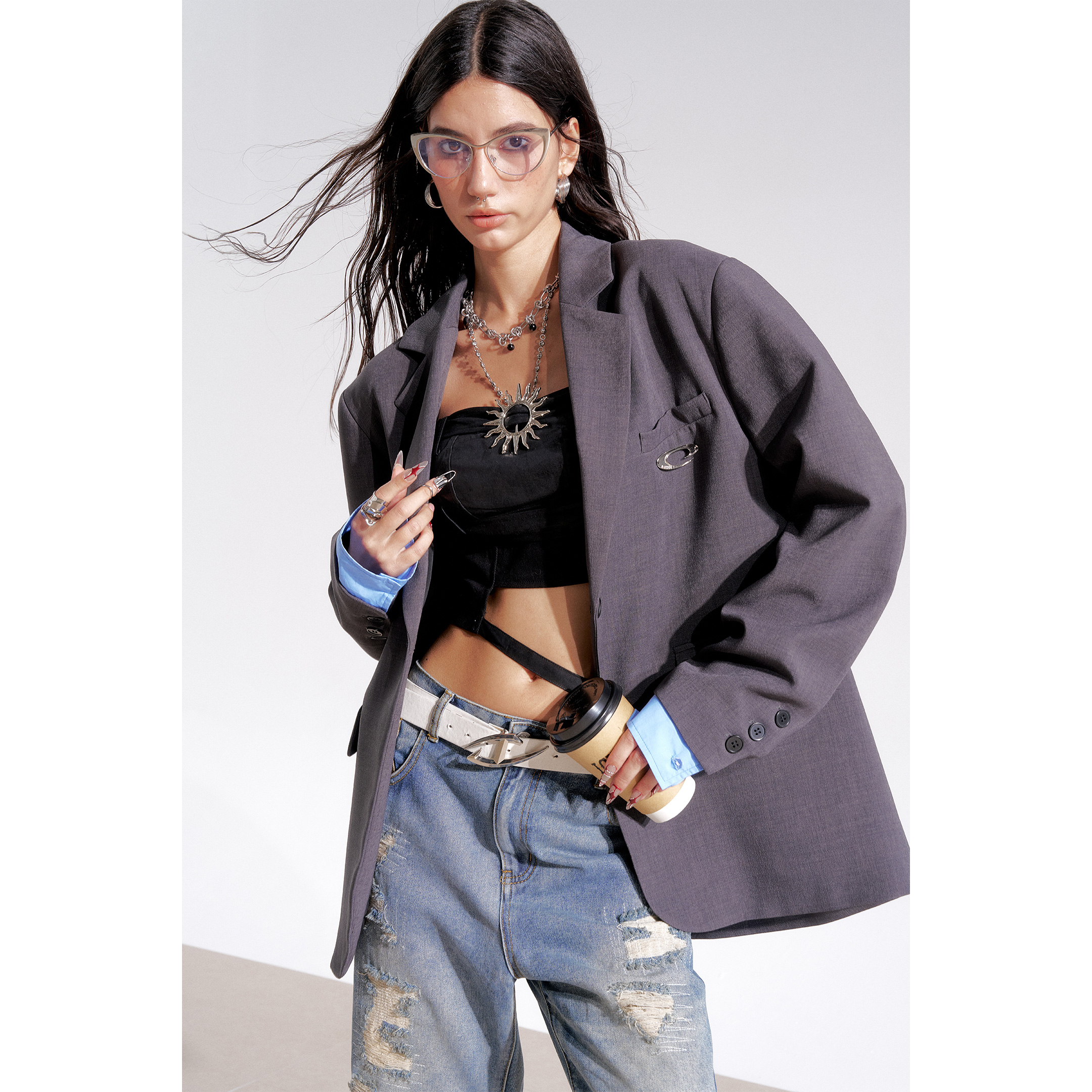 ICH MODE美式复古廓形宽松休闲外套秋季新款百搭质感潮酷西装上衣