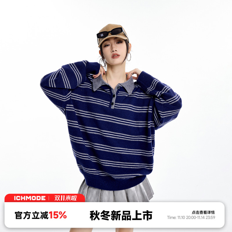 ICH MODE条纹polo领复古毛衣女美式街头设计感秋冬百搭针织衫上衣