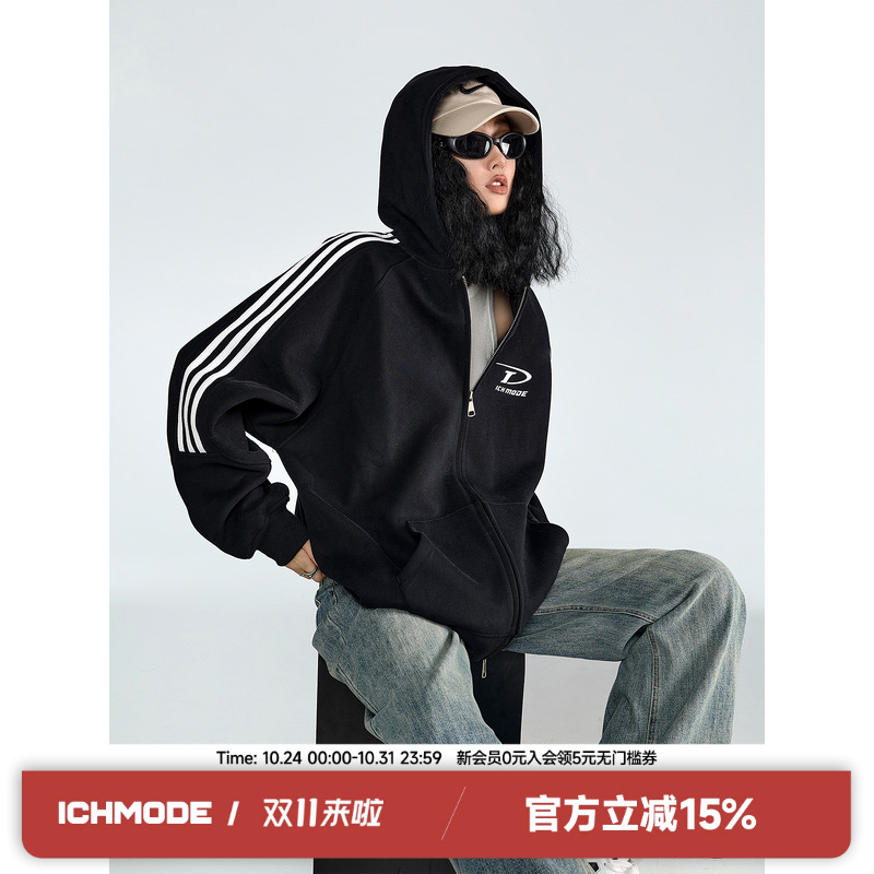 ICH MODE美式潮牌重磅条纹连帽卫衣外套女春季复古宽松开衫上衣