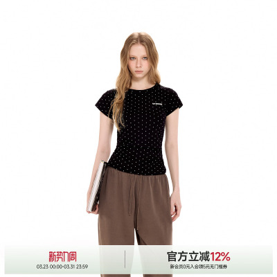 满印波点收腰短袖T恤女
