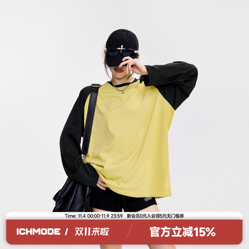 ICH MODE插肩袖撞色复古圆领长袖女秋季百搭设计百搭宽松T恤上衣