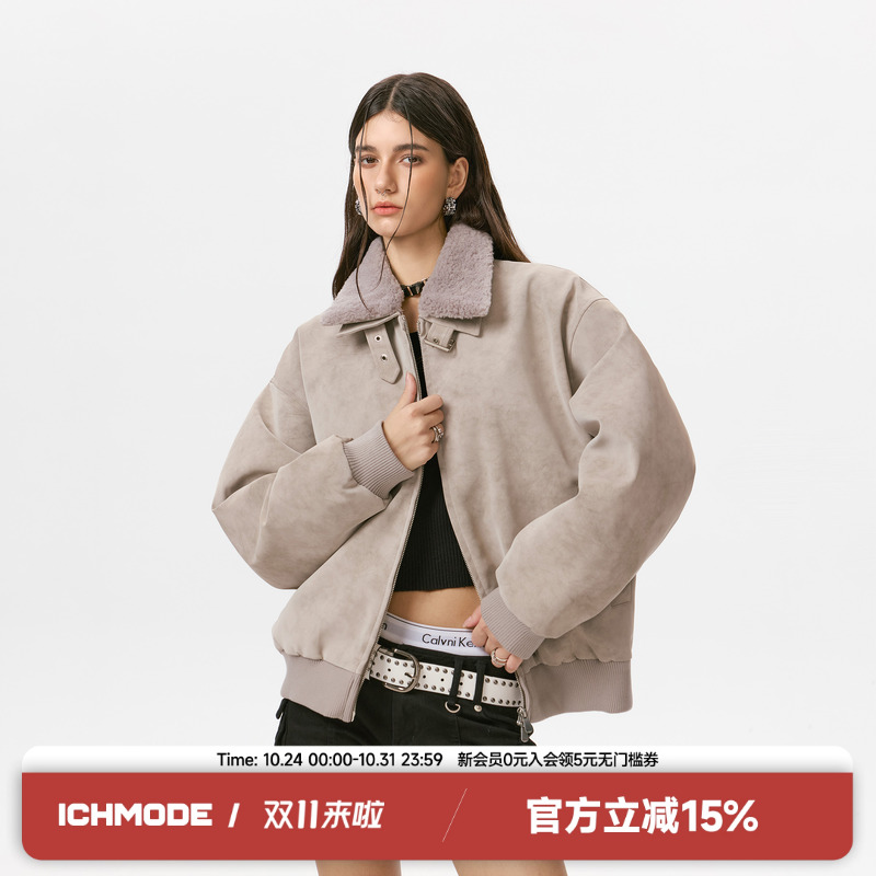 ICH MODE美式翻领复古百搭棉服外套女2025冬季新款休闲设计感棉衣