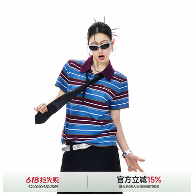 ICH MODE条纹Polo领复古美式上衣夏季新款潮流休闲宽松短袖T恤女
