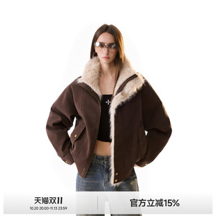 ICH MODE磨砂PU皮座山雕毛领外套女冬季新款立领棉服夹毛上衣