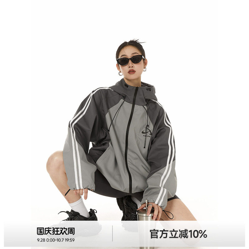 ICH MODE潮流美式撞色连帽冲锋衣秋季休闲户外防风美式条纹外套女图片