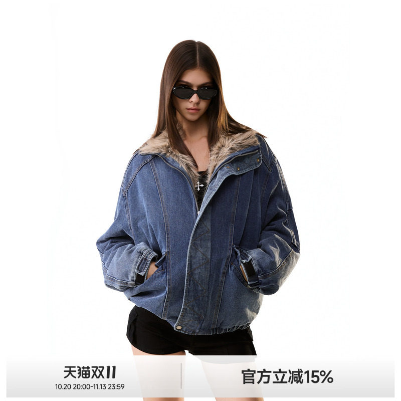 ICHMODE 水洗座山雕皮草拼接牛仔外套女冬季新款工装棉服夹棉上衣