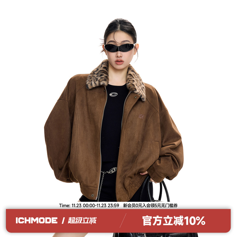 ICH MODE豹纹翻领复古美式夹克女高街廓形秋新款设计感麂皮绒外套