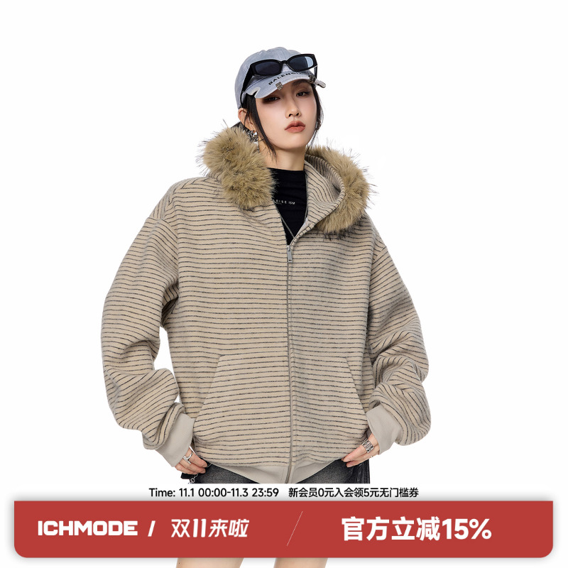 ICH MODE【明星同款】加厚毛领条纹外套慵懒秋冬连帽美式复古开衫