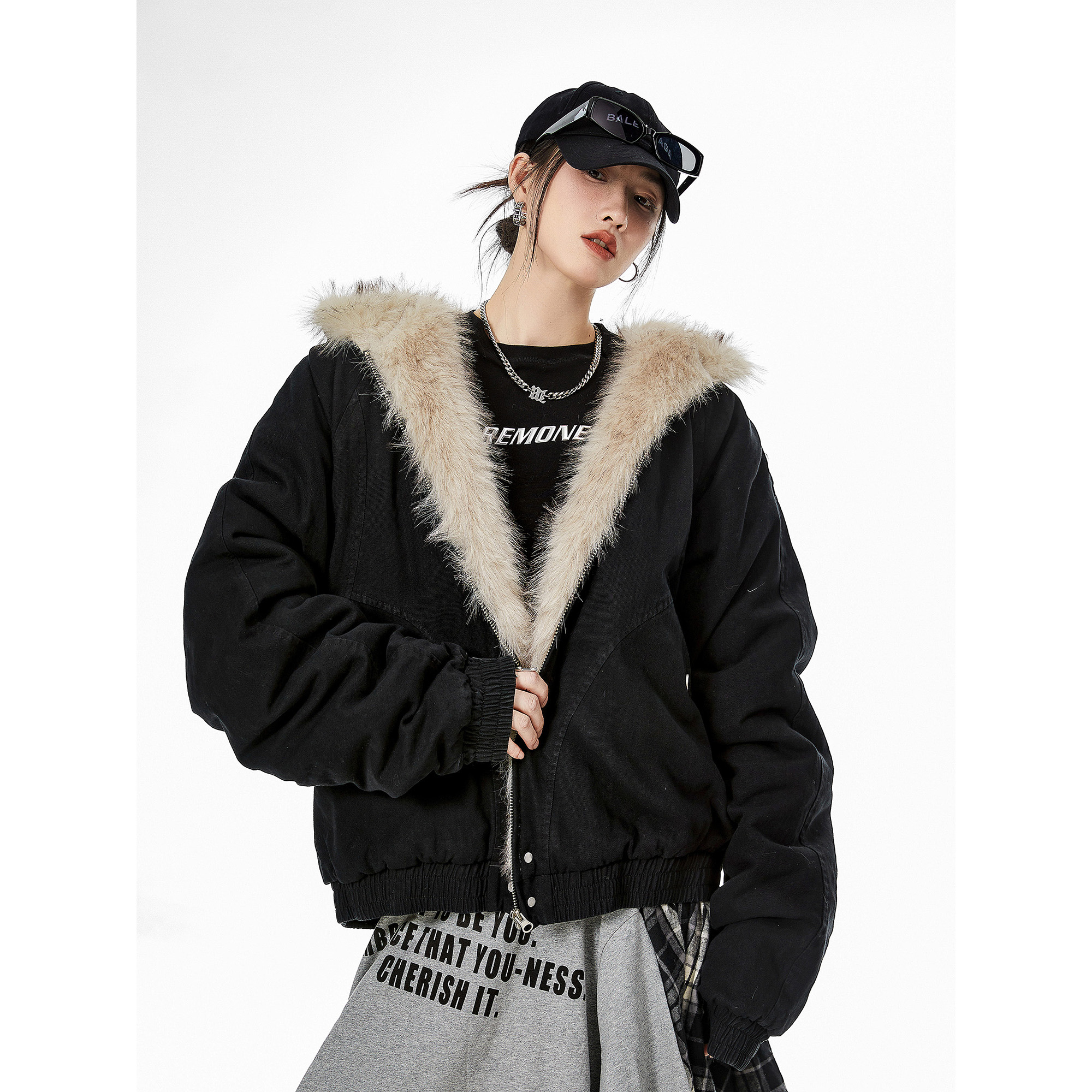ICH MODE冬季美式复古毛领加绒开衫外套座山雕外套连帽质感棉服女