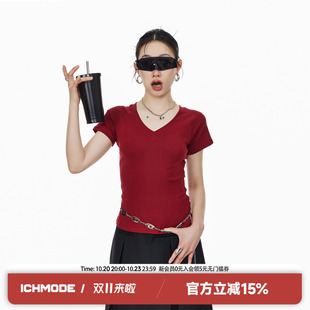 T恤百搭复古纯色甜酷夏季 ICH V领显瘦短袖 美式 打底上衣女 MODE修身
