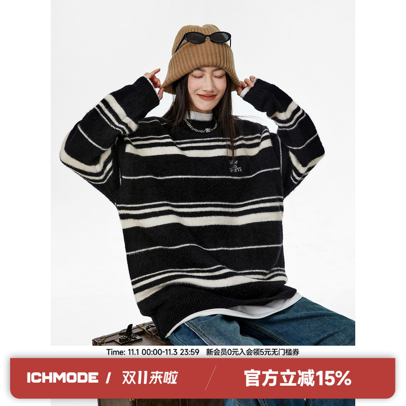 ICH MODE设计感条纹休闲宽松复古美式毛衣百搭圆领街头针织上衣女