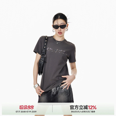 ICH MODE凉感速干圆领美式复古短袖宽松休闲设计感简约T恤上衣女