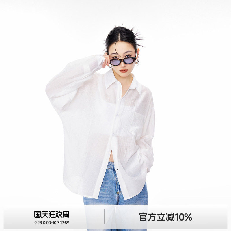 ICH MODE轻薄物理防晒衬衫女夏宽松休闲百搭纯色衬衣长袖外套上衣图片