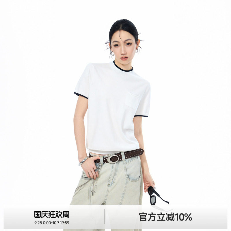 撞色领针织短袖T恤女夏季图片