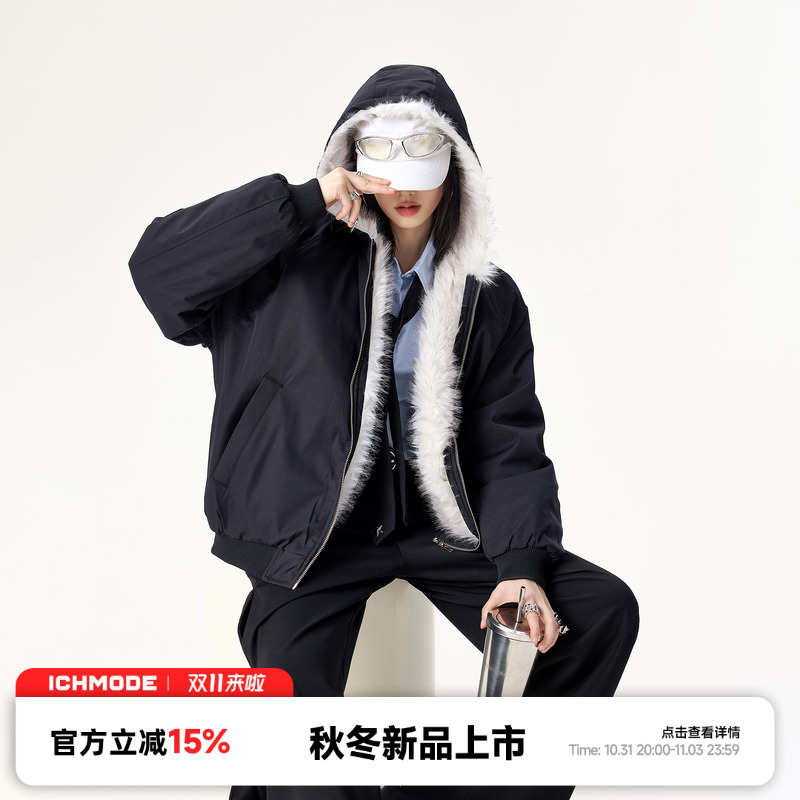 ICH MODE座山雕连帽棉服外套休闲2025冬新款保暖美式复古棉袄上衣