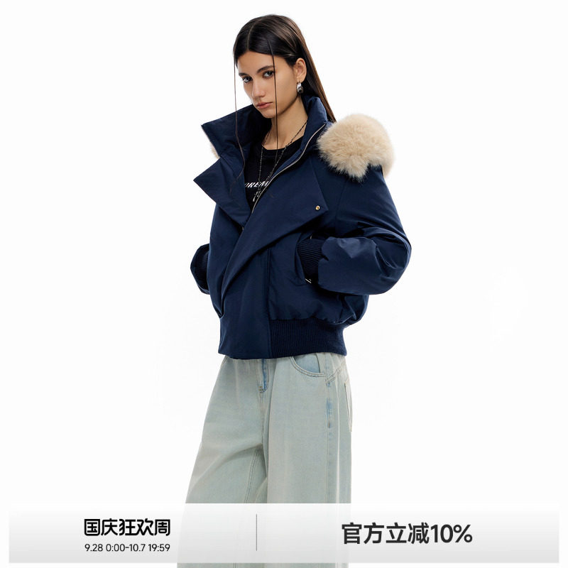 ICH MODE美式毛领连帽短款棉服女冬季新款加厚棉袄修身棉衣外套图片