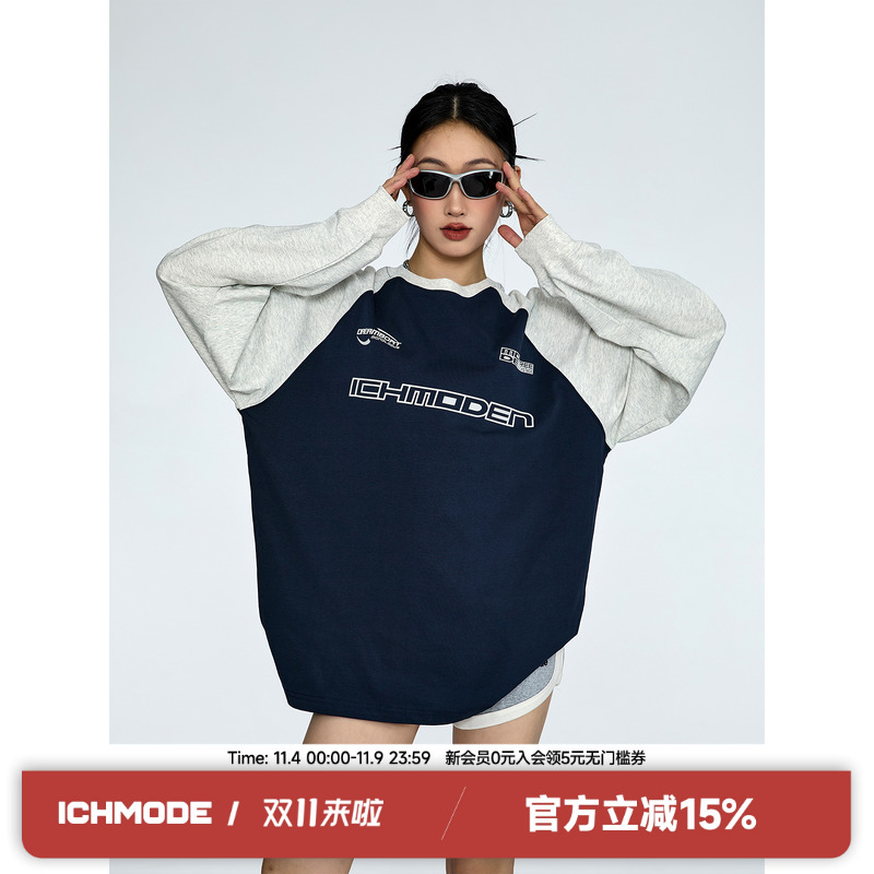 ICH MODE插肩袖撞色圆领字母春季上衣复古美式设计感长袖卫衣T恤