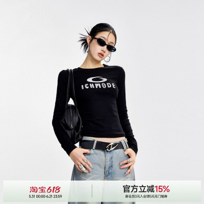 ICH MODE正肩修身长袖打底T恤秋季一字肩甜酷字母百搭显瘦上衣女