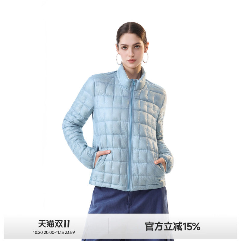 ICHMODE 90白鸭绒轻薄短款绗线排骨羽绒服女冬季保暖立领格纹外套