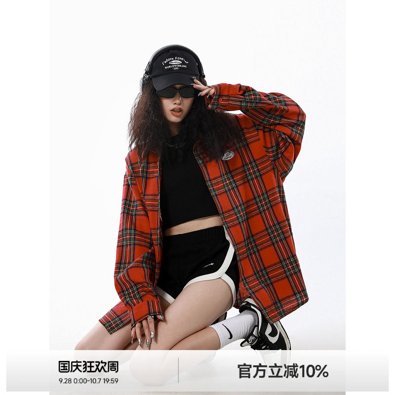 ICH MODE设计感日系百搭宽松秋季长袖外套撞色格子慵懒潮牌衬衫女图片