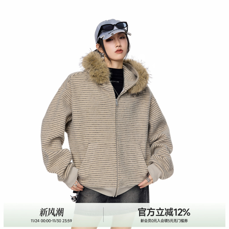 ICH MODE【明星同款】加厚毛领条纹外套慵懒秋冬连帽美式复古开衫