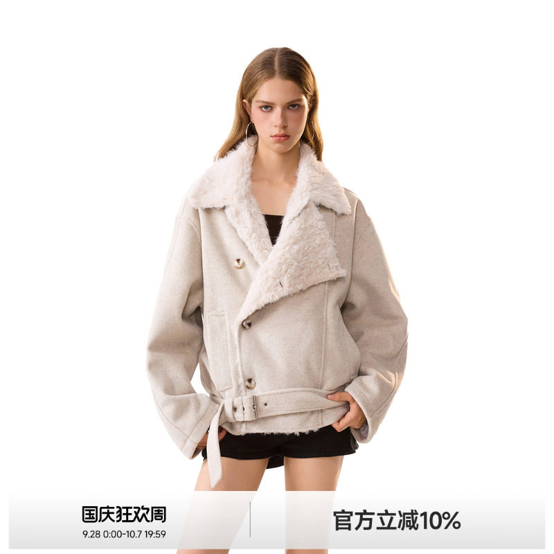 美式斜襟双排扣棉服女图片