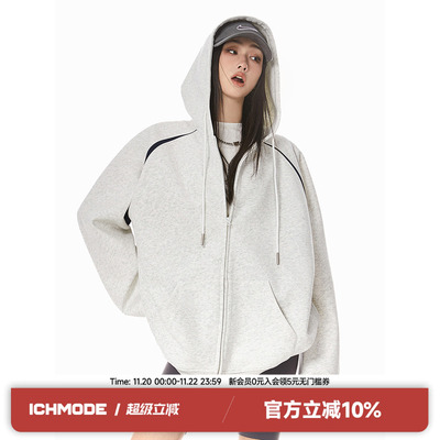 ICH MODE春季新款美式宽松潮酷连帽基础百搭经典运动开衫卫衣外套