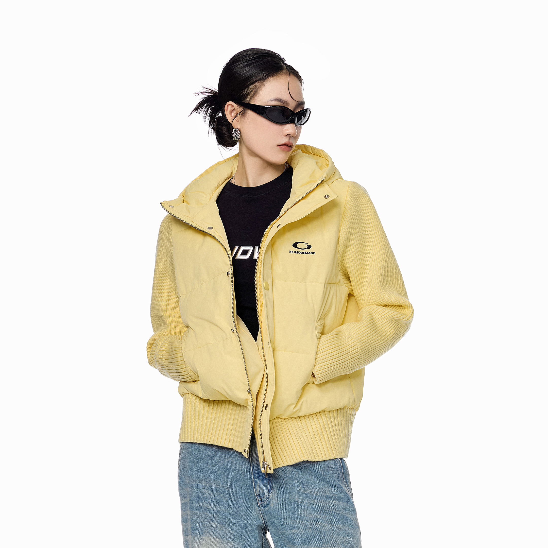ICHMODE 假两件修身短款棉服外套女美式冬季新款连帽夹棉外套棉衣